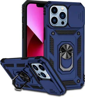 Immagine prodotto di Custodia per iPhone 13 Pro Max a doppio strato con copertura scorrevole della fotocamera e supporto ad anello blu