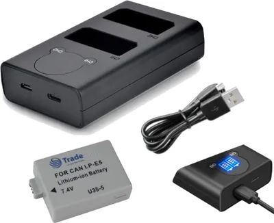 Produktbild von Trade-Shop 2in1 Set: Li-Ion Akku 1200mAh + USB-C Doppel Akku Dual LCD Ladegerät für 2 Akkus kompatibel mit Canon LP-E5, EOS-450D, EOS-500D, EOS-1000D