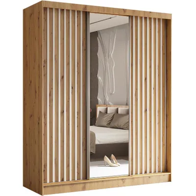 Image de BEAUTYSOFA Armoire à lattes HELIX 180 cm - armoire de style moderne avec portes coulissantes et miroir (Artisan + White)