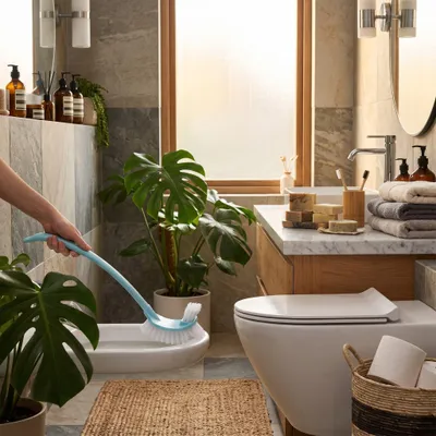 Immagine prodotto di Spazzola per WC con manico lungo, setole curve, realizzata in plastica, per la pulizia