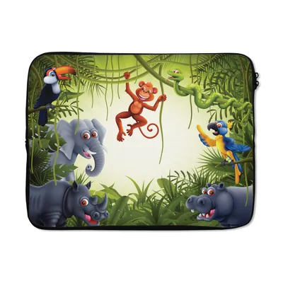 Produktbild von MuchoWow® Laptop Hülle 17 Zoll Laptoptasche Illustration - Wildlife - Dschungel - Jungen - Baby - Mädchen - Zipper - Schutzabdeckung