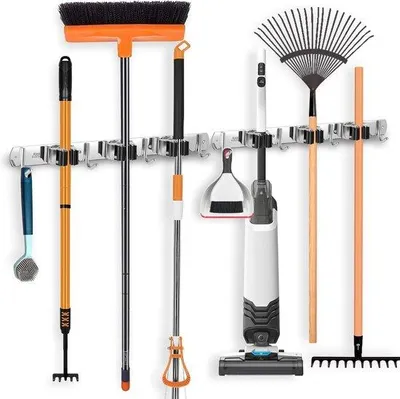 Produktbild von Stahl-Gerätehalter für Wand, 6-Halter-Gerätehalter aus Edelstahl mit 8 Haken, Wandhalter für Gartenwerkzeuge, selbstklebender Organizer für Haus, Küche, Badezimmer