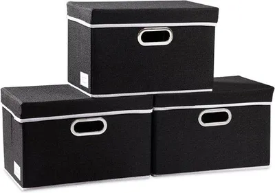 Obrázek produktu pro Skládací úložné boxy s víkem – 3 ks – černé – bavlněná tkanina – 38 x 25 x 25 cm