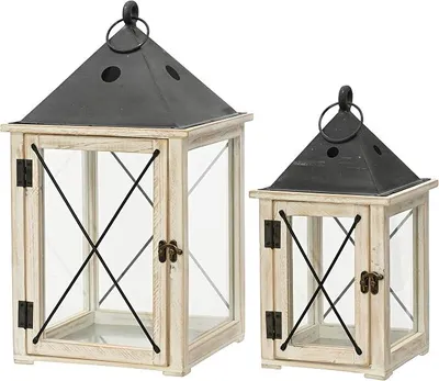 Imagen del producto de Linterna de madera100% y metal, 24x46 cm / 18x34,5 cm, con asa, juego de 2 unidades. Ideal para colgar o colocar. Linterna de viento para interior y exterior. Linterna decorativa de madera. Portavelas