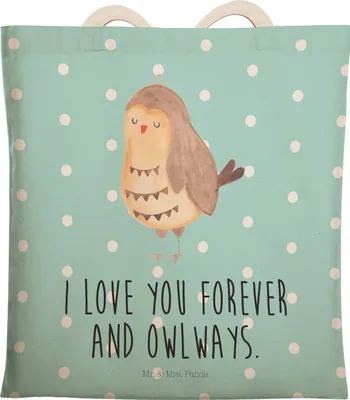 Produktbild von Mr. & Mrs. Panda Einkaufstasche Eule Zufrieden - Türkis Pastell - Geschenk, Stoffbeutel, Romantisch, Hochzeitstag, Owl, Tote Bag, shopping, Müde, Beuteltasche, Tasche