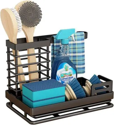 Productafbeelding van Unyqoos® RVS spoelbakorganizer, zwart – Opbergbak met afneembaar compartiment voor afwasmiddel, spons en vaatdoek, met ventilatie