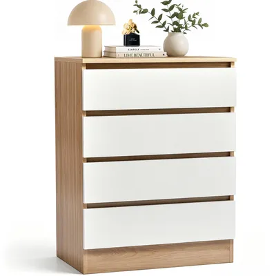 Image de Commode à 4 tiroirs. Meuble de rangement blanc et en chêne. Buffet en bois