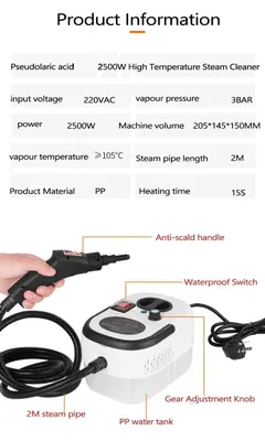 Produktbild von Dampfreiniger 2500 W - Hochdruck Dampfreiniger - 220 V - Hochtemperaturdampf - Für Haushalt, Küche, Auto, Klimaanlage - A Set