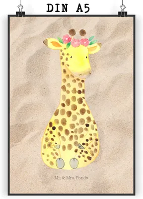 Produktbild von Mr. & Mrs. Panda Bild Giraffe Blumenkranz DIN A5 - Sandig - Geschenk, Posterdruck, Wandbild, Abenteurer, Plakat, Selbstliebe, Afrika, Freundin, wanddeko, drucke