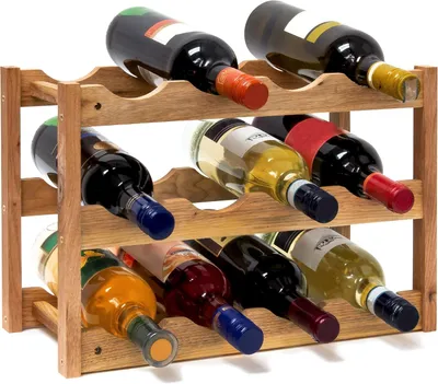 Image de Rangement à vin compact - Étagère pour bouteilles avec 3 niveaux, capacité pour 12 bouteilles de vin - Naturel - Bois - 42 x 21 x 28 cm