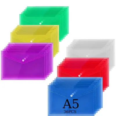 Immagine prodotto di Custodie per documenti formato A5, confezione da 36 pezzi, 6 colori, in plastica, con chiusura a bottone, dimensioni 26 x 17 cm