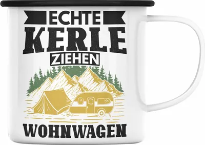 Produktbild von Trendation - Echte Kerle Ziehen Wohnwagen Wohnmobil Emaille Tasse Geschenk Camper Wohnmobilfahrer Geschenkidee Lustig (Schwarz)