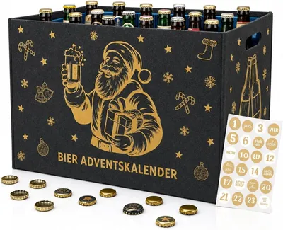 Produktbild von Bier-Adventskalender – Filzbänder in Anthrazit mit Golddruck – DIY-Adventskalender für Bierkisten. Enthält 24 Aufkleber. Eine originelle Geschenkidee