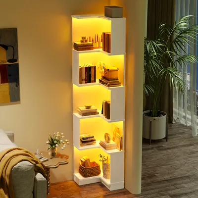 Produktbild von Flieks Eckbücherregal mit LED-Lichtleiste, 63.5x45x175 cm, Bücherregal  Lagerregal mit 5 Ebenen, Multifunktionaler Displayständer, weiß