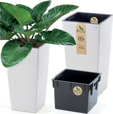 A plant in a white planter is shown next to an empty white planter and a black insert. The white planter has an 'ECO' label.