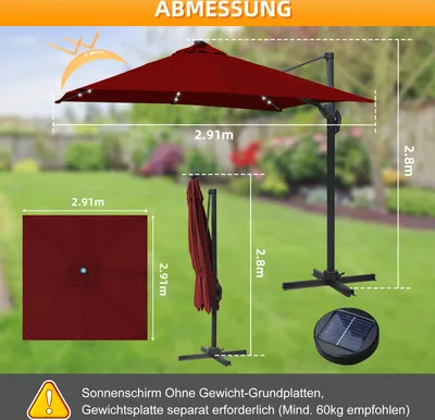 Produktbild von Jayseuw Sonnenschirm mit LED Beleuchtung Ampelschirm 300 cm Garten Schirm Pavillon - Rot