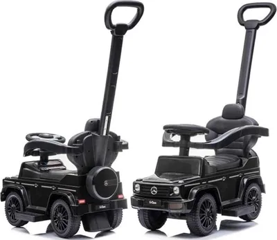 Two black toy Mercedes-Benz G-Wagon ride-on cars with push handles, shown from different angles against a white background.