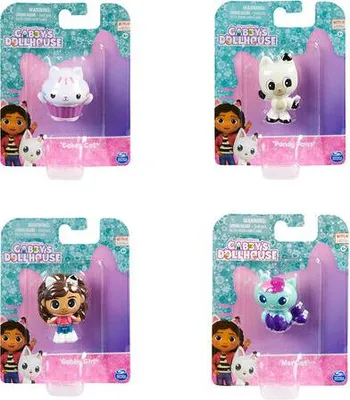 Four packages of Gabby's Dollhouse collectible figures, each showing a character and its accessory.