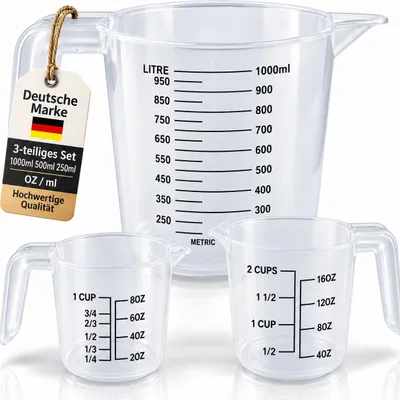 Produktbild von Messbecher 3er Set Kunststoff Meßkanne Meßbecher transparent 250ml 500ml 1000ml