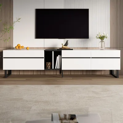 Produktbild von Merax TV-Lowboard mit Klappfach und offenen Fächern, TV-Schrank mit Doppeltüren, minimalistisches TV-Möbel Sideboard mit Stauraum, Weiß