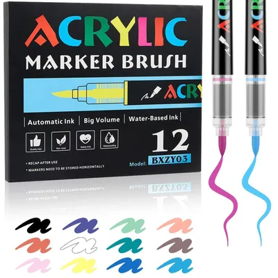 Produktbild von Acrylstifte Set 12 Farben Wasserfest Pinsel Spitze für Keramik Glas Holz Leinwand DIY