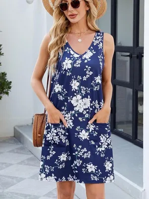 Elegantes Damenkleid Ärmellos A-Linie - Sommer Blumenkleid mit Taschen