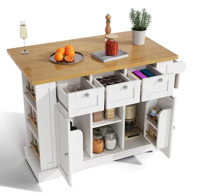 Produktbild von 132cm Mobiler Küchentisch, Landhausstil, klappbare Arbeitsplatte, Multifunktionsschrank, Schublade, Gewürzregal, Handtuchhalter, 4 Rollen, integrierte Steckdose, Küche/Essen/Haus