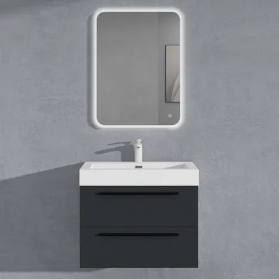Image de doporro Meuble de Salle de Bains Gris Noir Mat Ensemble de 3 Pièces Meuble Suspendu avec Lavabo 73 cm et Miroir LED Design Quadratto