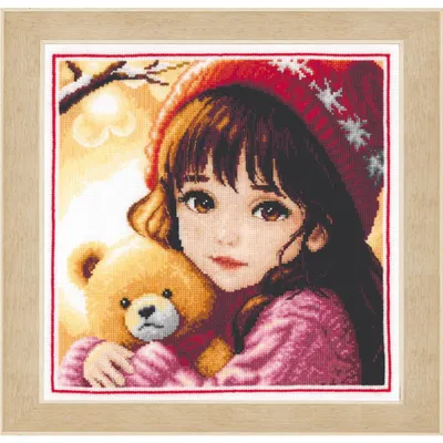 Image de Kit de broderie au point de croix « Fille avec un ours » de Vervaco, diagramme, 21 x 21 cm