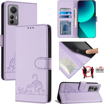 Produktbild von Leder Hülle für Xiaomi 12 Lite Süße Katze Flip Case Brieftasche Schutzhülle mit Standfunktion Lila