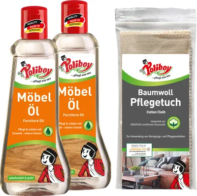 Produktbild von Poliboy 2er Möbel Öl + Baumwolltuch - Holzpflegemittel für Naturmöbel - ohne Lösemittel - 2x200 ml - 4420001