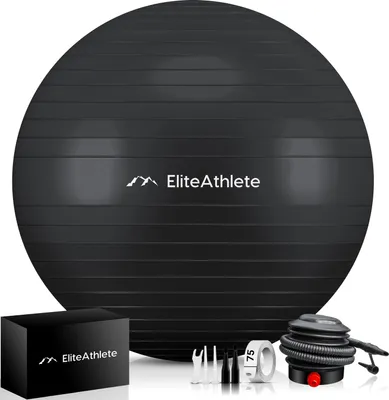 Image de EliteAthlete® ballon de gymnastique bureau ergonomique avec système anti-burst - fitness yoga pilates grossesse - ballon de grossesse ballon de fitness yoga - ballon de yoga avec pompe à air, couleur:Midnight Black, taille:75 cm