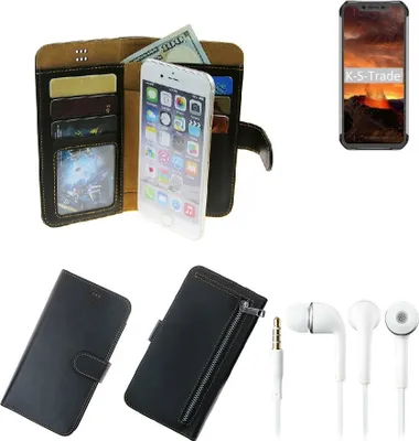 Produktbild von TOP SET Handy Hülle Schutz Hülle kompatibel mit Blackview BV9600E  schwarz aus Kunstleder + Kopfhörer Smartphone Tasche vollwertige Geldbörse