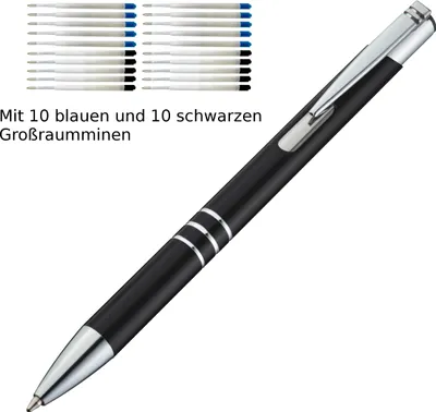 Produktbild von 10 Kugelschreiber aus Metall / je 10 schwarze + blaue Minen / Farbe: schwarz