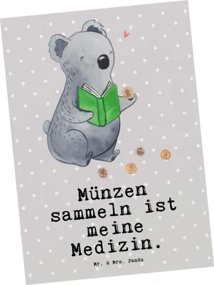 Produktbild von Mr. & Mrs. Panda Postkarte Koala Münzen sammeln - Grau Pastell - Geschenk, einzelkarte, Grußkarte, aus Aller Welt, Postkarten, Ansichtskarte, Ansichtskarten, Numismatik