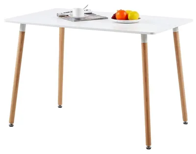 Image de Table rectangulaire en MDF, blanche, avec pieds en bois de hêtre, dimensions 110 x 70 x 73 cm, pour 4 à 6 personnes