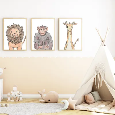 Produktbild von Safari Tiere 3er Set Kinderzimmer Bilder DIN A4 Poster Babyzimmer Wandbilder Dekoration - Löwe Affe Giraffe