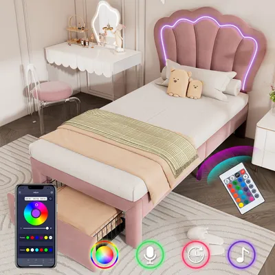 Produktbild von Sweiko Kinderbett LED Einzelbett 90 x 200 cm mit Schubladen Polsterbett APP-Control LED Bettgestell Lattenrost und Verstellbares Kopfteil, Bettrahmen Jugendbett Samt Rosa