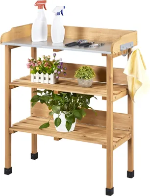 Produktbild von Yaheetech Pflanztisch Outdoor wetterfest, Gärtnertisch mit verzinkter Arbeitsplatte & 2 Ablagefächer & 3 Haken Blumentisch aus Tannenholz Holzfarbe