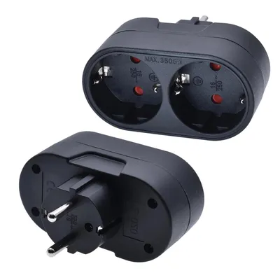 Produktbild von Doppelstecker 2-Fach Vertikal Schuko Schwarz Mehrfachsteckdose Steckdosenadapter 3500W 16A Kompakt für Zuhause Büro Reise EU Stecker