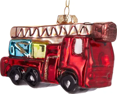 Image de BRUBAKER Camion de pompiers rouge - Boule de Noël en verre peinte à la main - Décorations de Noël Figurines amusantes Pendentif Déco Boule d'arbre - 10 cm
