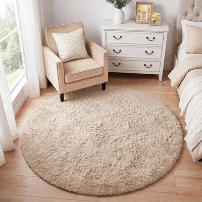 Productafbeelding van Vloerkleed - Hoogpolig - Donzig - Rond - 120 cm - Antislip - Voor woonkamer en slaapkamer