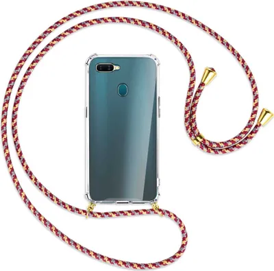 Produktbild von Handykette Backcover-Schutzhülle mit Band (Metall goldfarben) für Oppo A7 / AX7 - weinrot/gelb/grau