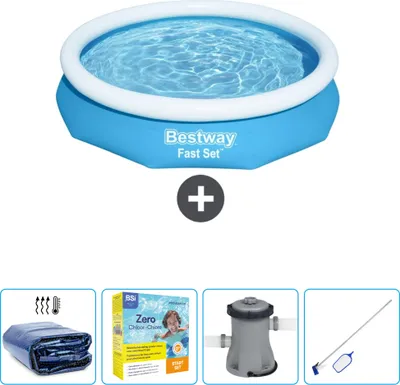 Immagine prodotto di Piscina gonfiabile rotonda Bestway a presa rapida - 305 x 66 cm - blu - include tenda da sole - pacchetto manutenzione - pompa - kit di pulizia