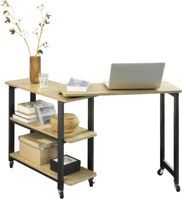Produktbild von SoBuy FWT83-N Stolik boczny w kształcie litery L z 2 półkami Stolik sofy na kółkach Stolik kawowy Biurko narożne Stolik komputerowy WD ok: 133x69x30cm