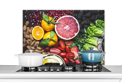 Produktbild von KitchenYeah®  Spritzschutz Küche - Küchenrückwand - Wandschutz für Herd und Spüle - Gemüse - Obst - Farben 90x60 - Alu-Dibond (Alternative zum Spritzschutz aus Glas) - Hitzebeständig - Herdspritzschut