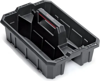 A black plastic tool carrier with a central handle and multiple compartments, shown from a diagonal angle on a white background.