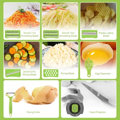 Produktbild von Rozdrabniacz do warzyw z pojemnikiem Wielofunkcyjna krajalnica do warzyw 11 w 1 / krajalnica do cebuli / obcinarka do warzyw z 5 ostrzami / kosz do odcedzania / separator jajek