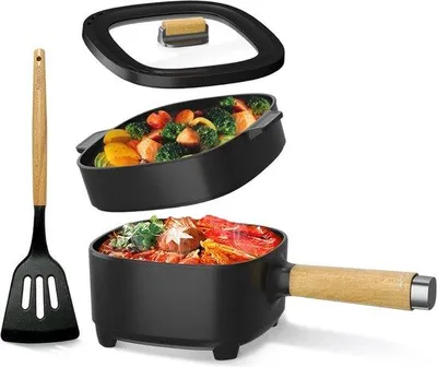 Produktbild von Elektrisches 2-Liter-Multifunktionsfondue-Kochtopf mit 350/800 Watt - Bratpfannen für Schnellbraten und Frittieren - Langsam kochende Platten - Inkrementeller Wärmeausgleich - Schwarz