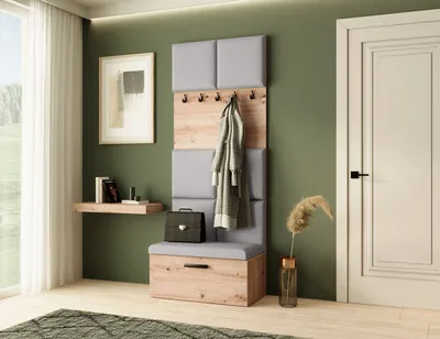 Produktbild von Garderobe MARGARET I, Farbe: Artisan + Grau, mit gepolsterten Paneelen und Kleiderhaken